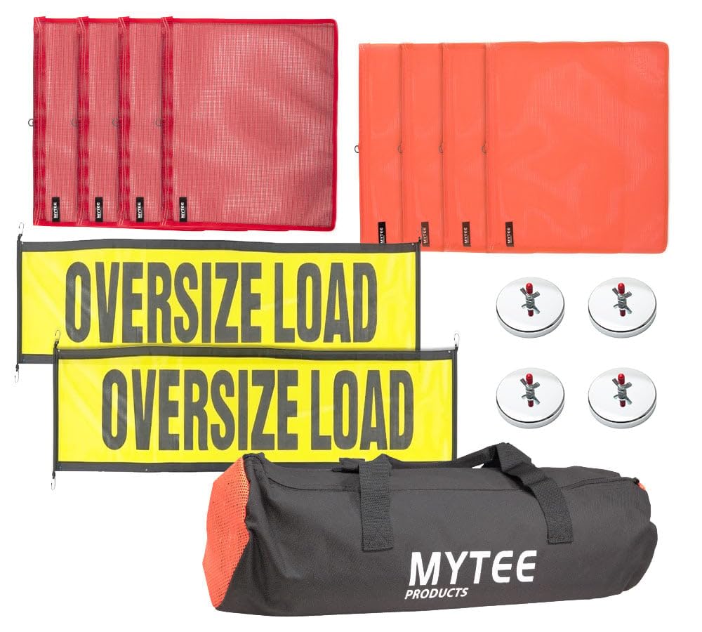 Mytee Products Kit de 15 letreros de carga de gran tamaño, 2 pancartas de carga de gran tamaño, 4 banderas rojas y 4 banderas de advertencia de malla naranja con lazo de alambre, 1 bolsa y 4 soportes