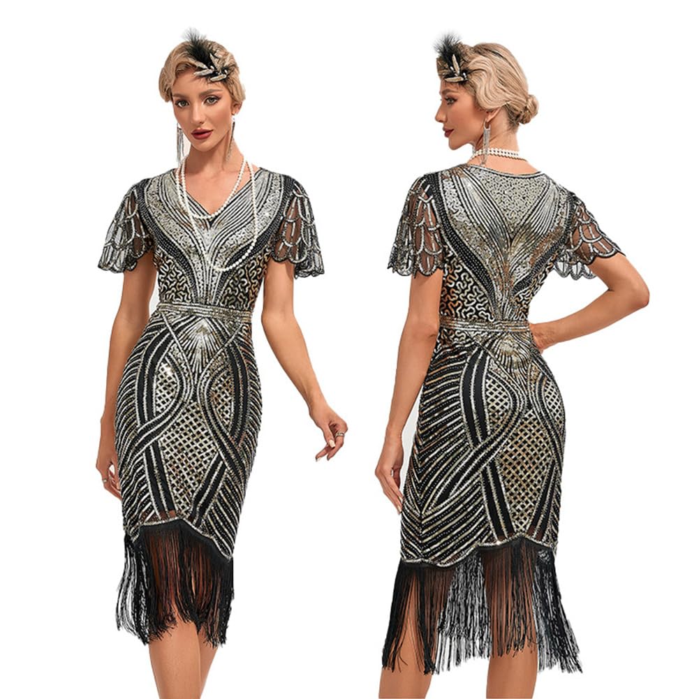 OBEEII 1920 Robes Femme Flapper V Cou Paillette des années 1920 Flapper Frangée Gatsby Robe pour Fête Bal Latine Soirée Art Déco