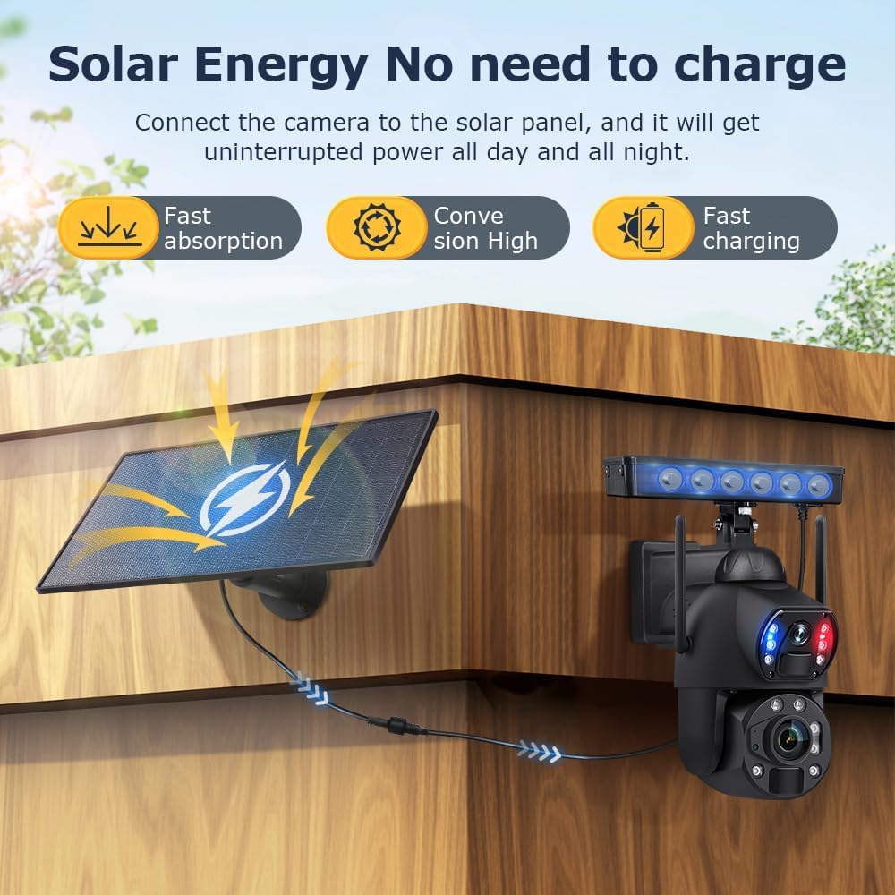 SHIWOJIA WLAN Überwachungskamera Aussen Solar, 360° PTZ Solar Kamera Outdoor mit Dual Objektiv, 36X Zoom, 100m Ultra HD Nachtsicht，Farb-Nachtsicht, 2-Wege-Audio​, IP66