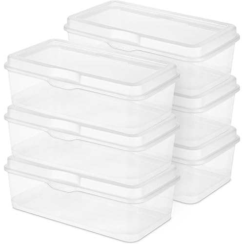 Sterilite 6-Pack Rectangular Large FlipTop, Clear Plastic Storage Box with Hinged Lid - Stackable Multipurpose Organizer for Art and Craft Supplies, Accessories, Photos & CDs, Home or Office Use