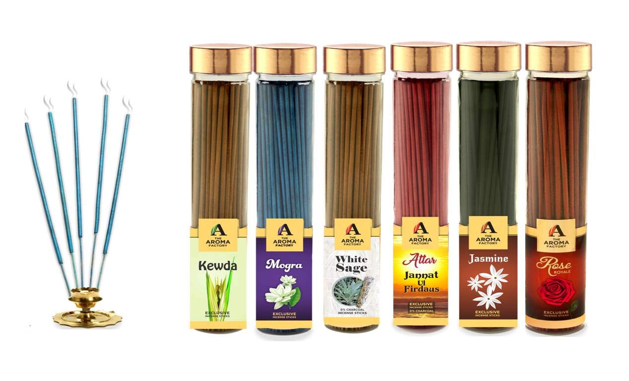 The Aroma Factory Agarbatti Saver Combo of 6 Bottles (Rose, White Sage, Mogra, Kewda, Jasmine,Attar Jannat al Firdaus) 0% Charcoal (Pack of 6 x 100)