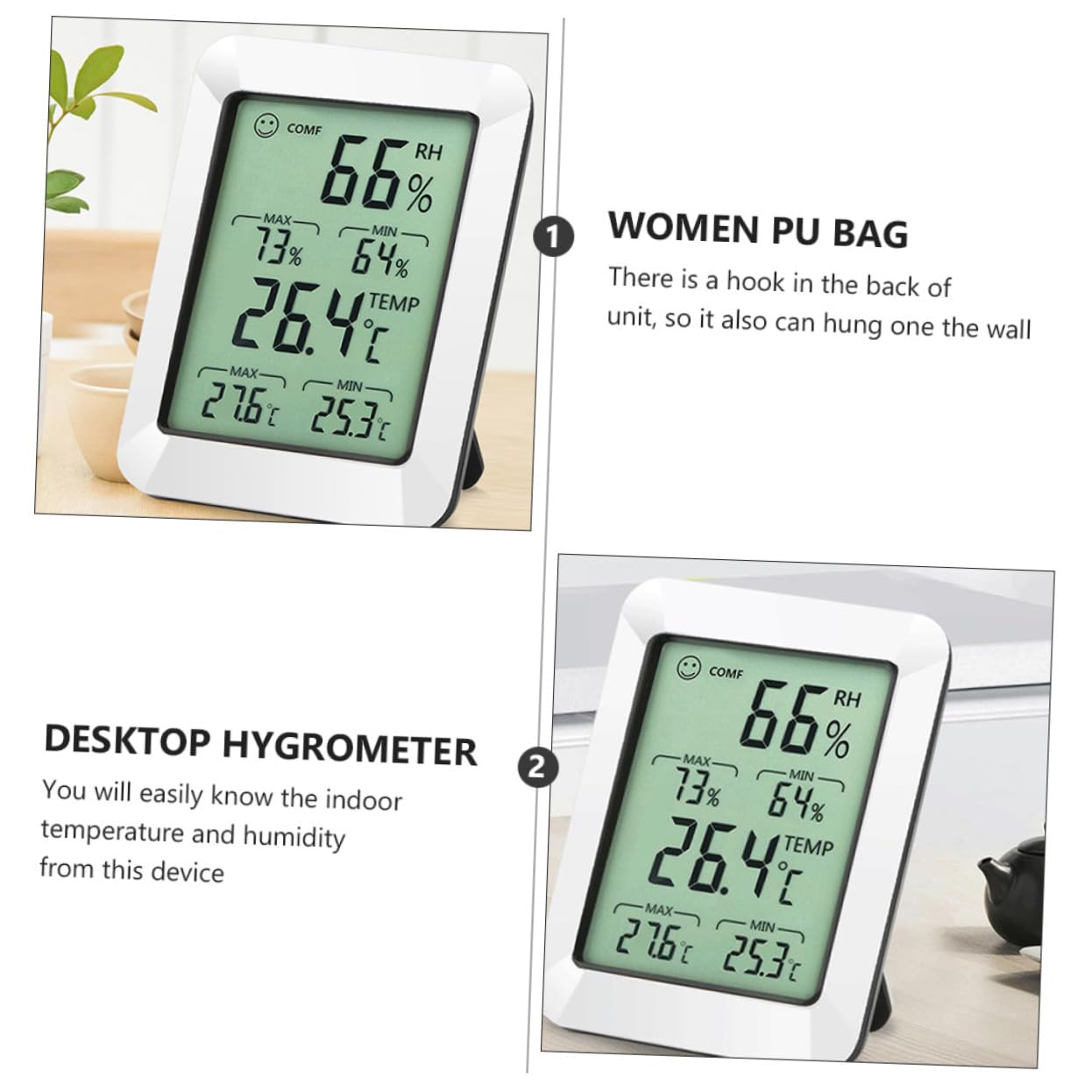 Hemobllo 1pezzi Rilevatore Temperatura e Umidità Digitale Igrometro Elettronico Portatile Supporto e Gancio per Camera da Letto Soggiorno Ufficio e Altri Ambienti senza Batteria