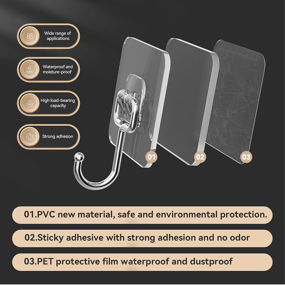 Image of Sarimaya Adhesive Wall Hooks Heavy Duty (Pack of 10) - Transparent Sticky Hooks for Hanging Towels, Coats, Kitchen Utensils - Waterproof Stainless Steel No Drill Hook for Home & Bathroom