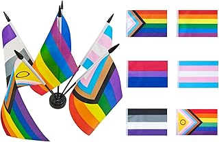 Rainbow Pride Deluxe Desk Flag Set -6 Branch Miniature Gay LGBT Flag Desk Set Table Black Base and Spear Top-Desktop Decorations