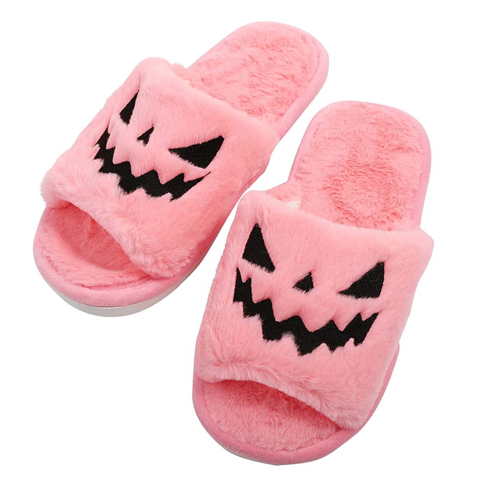 Cute Halloween Slippers for Women Soft Fluffy Slides Pumpkin Smile Trendy Flats Slip On Backless Low Cut Open Toe Fashion Shoes Trendy