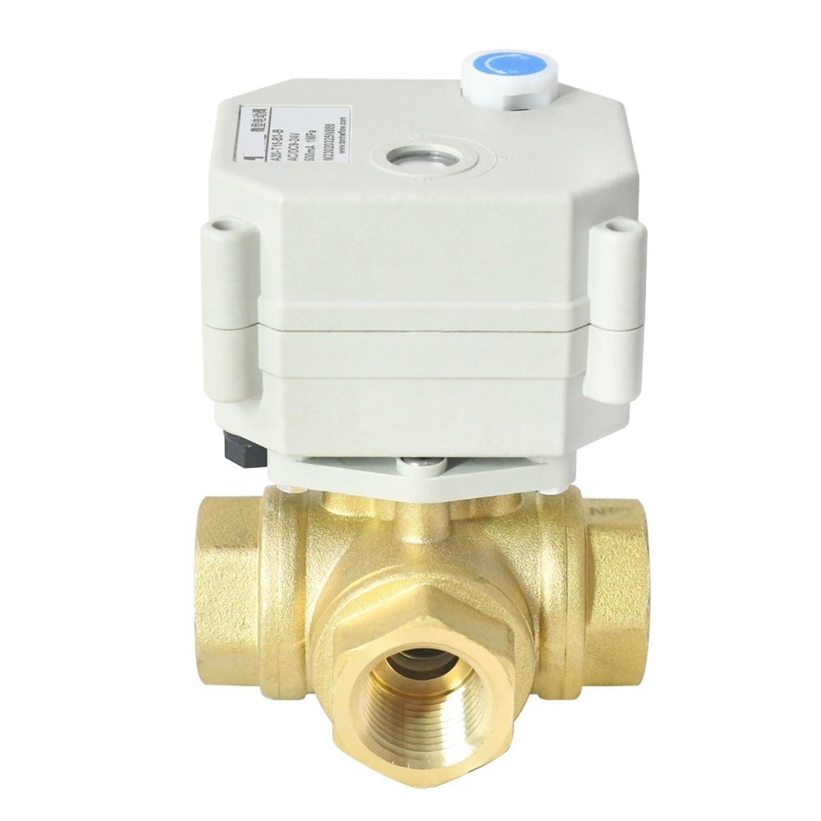 DN15 Válvula de Bola latón motorizada 3 vías con Orificio T/L Horizontal 9-24VAC/DC 1/2" anulación Manual | válvula solenoide(T Bore Flow C,BSP_9-24V ACDC_CR202 FAIL SAFE)