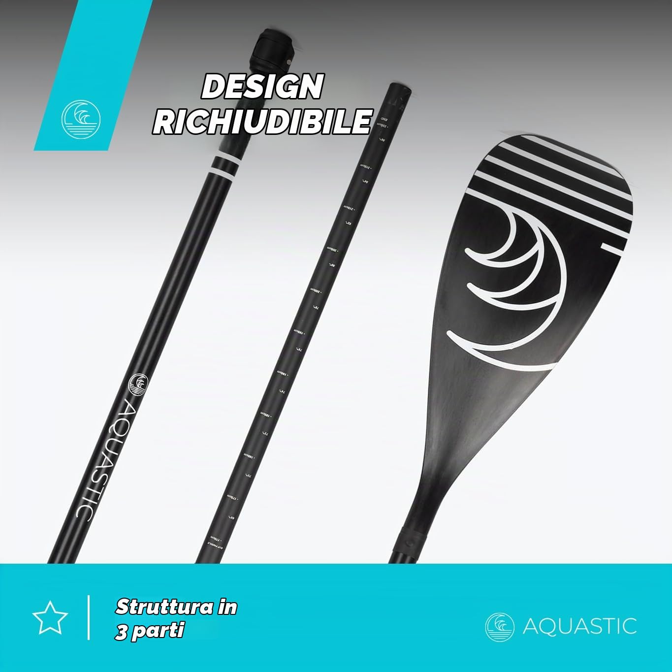 AQUASTIC, SUP Paddle AQS-SPD - Asta in alluminio regolabile in 3 pezzi, con lama rinforzata in fibra di vetro, resistente, nero