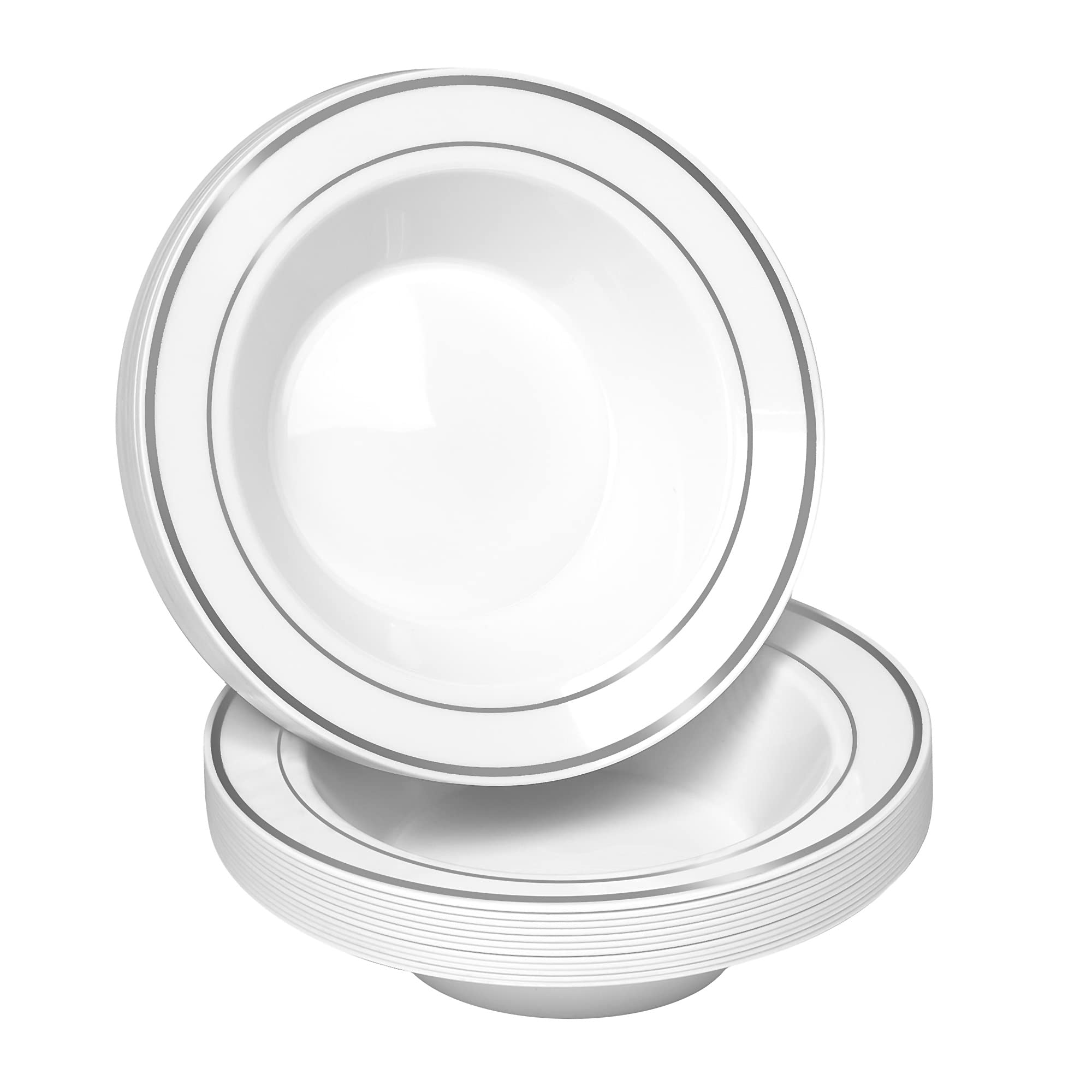 BloominGoods100 Disposable White Silver Rimmed Plastic Soup Bowls | 14 oz. Premium Heavy Duty Disposable Dinnerware with Real China Design | Safe & Reusable (100-Pack White/Silver Trim)