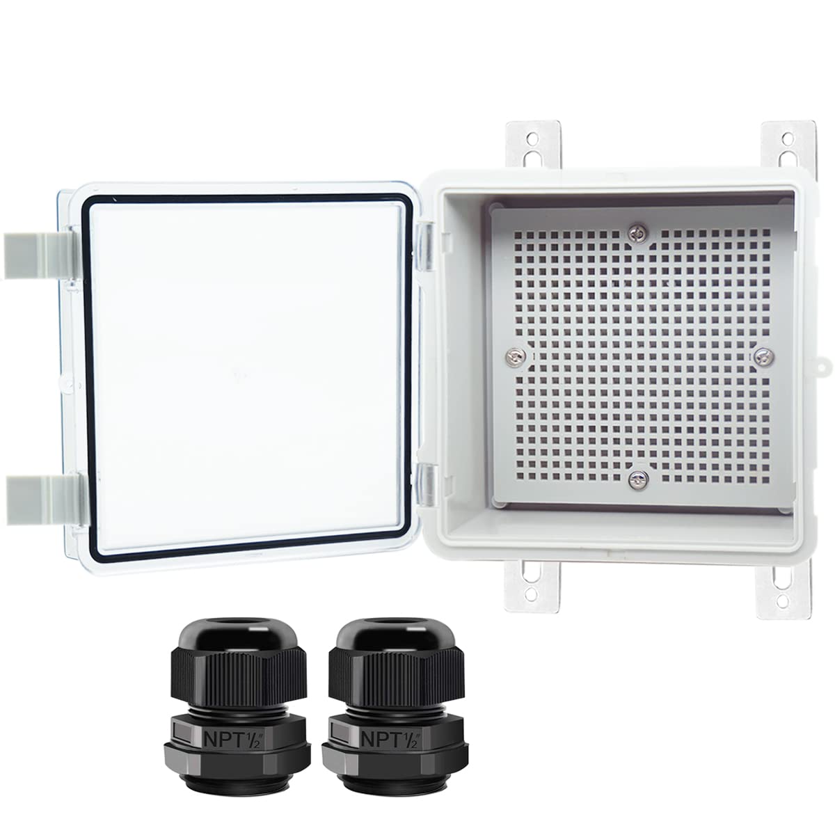 OtdorpatioJunction Box, Hinged Clear Cover IP67 Waterproof ABS Project Box with 2 NPT 1/4" Cable Gland, Electrical Box Enclosure with Mounting Plate & Wall Bracket 5.9 x 5.9 x 3.5inch(150x150x90mm)