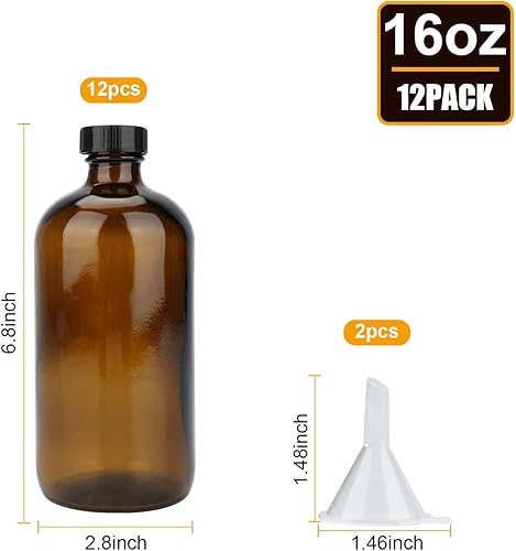 Miniatura 2 de Botellas de vidrio de 16 onzas, paquete de 12 botellas de almacenamiento de vidrio ámbar con tapas, botella de vidrio ámbar, botellas de vidrio