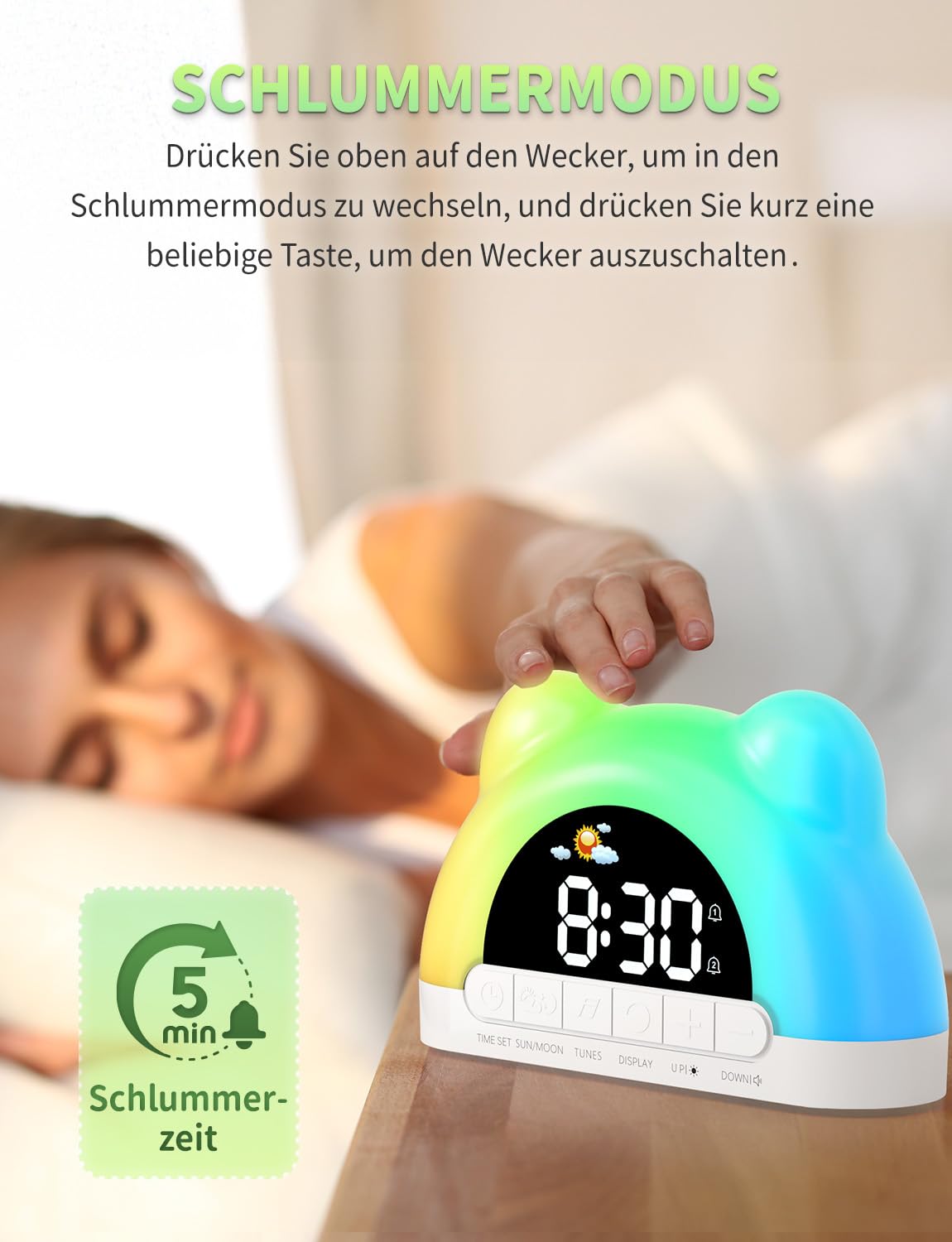 Kinderwecker,Wecker Kindermit 11 RGB Lichtern,Schlaftrainer Für Kinder Soundmaschine Dual Wecker Schlummerfunktion 12/24H Zeitanzeige Für Jungen und Mädchen