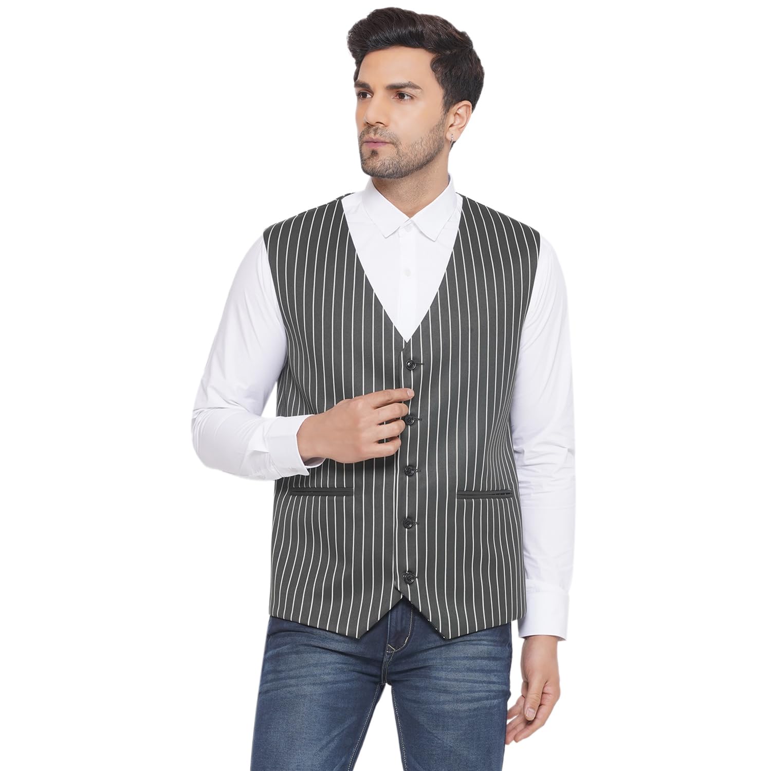 veera paridhaan Cotton Poly White Striped Waist Coat for Men (Green)-picture-34