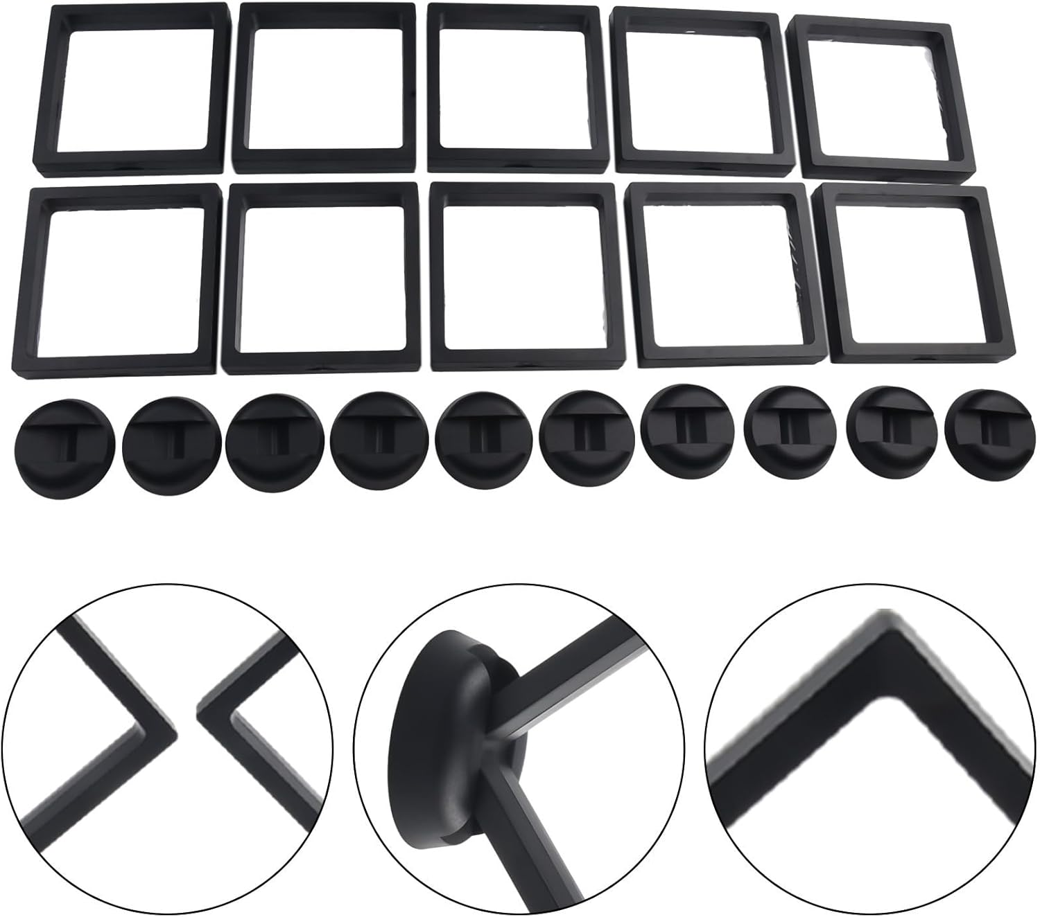 3D Floating Coin Display Holder 110x110mm with Multi-Functional Base Medals, Stamps, Jewelry, Casino Chips - Black (10 Pack)(black)