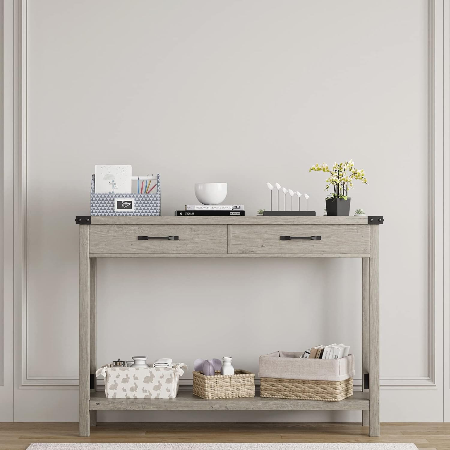 Mesa Consola Recibidor, Mueble de Entrada Estrecha con 2 Cajones,4 Cantoneras de Metal, Diseño único en Forma de X,109 x 30.5X 76 cm, Consola para la Entrada, el Salón, el Pasillo (Gris)