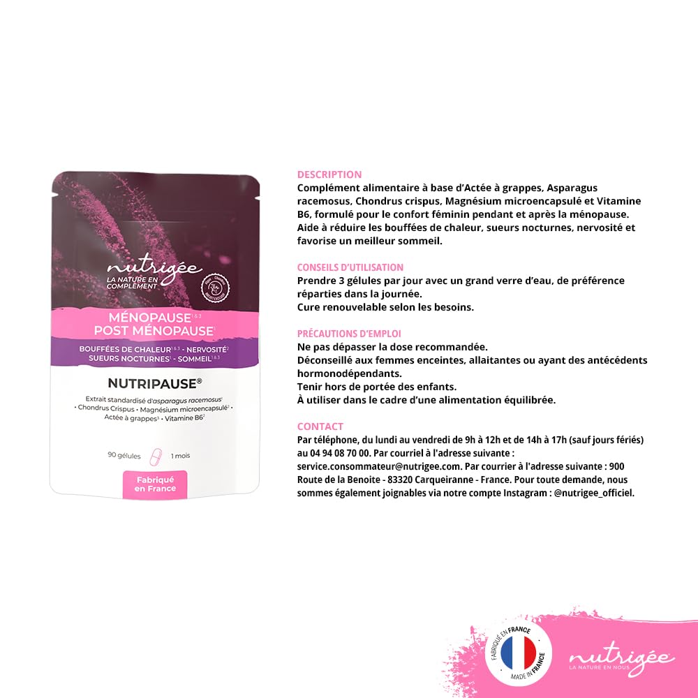 Nutripause - complexe ménopause & post-ménopause ultra-complet 90 gélules – soulage bouffées de chaleur, sueurs nocturnes, nervosité, sommeil – fabriqué en france