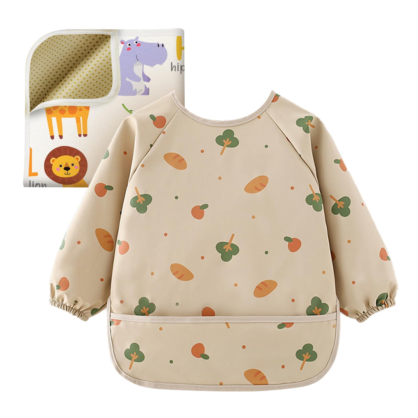 High Chair Splash Floor Mat with PU Waterproof Weaning Bib, 43.3″Waterproof Washable Anti Slip Splat Mat