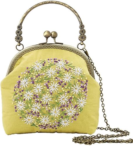 Gogobear Kit de bolso bordado vintage amarillo DIY para adultos, kit de punto de cruz fácil con todos los suministros