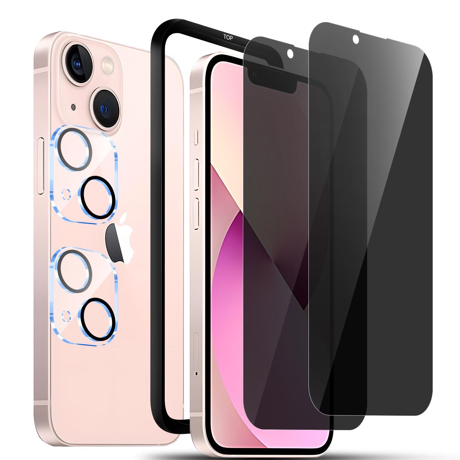 対応 iPhone 13 ガラスフイルム 覗き見 【2枚覗き見防止+2枚レンズ保護+ガイド枠】 iPhone13 フィルム のぞき見防止 レンズ保護フィルム ガイド枠付き アイフォン13 液晶保護 強化ガラス 【 硬度9H 耐衝撃 飛散防止 超薄 厚さ0.26mm 気泡ゼロ 3D Touch対応 高感度 撥油性 指紋防止 超耐久 ラウンドエッジ加工 】 T-IP13-FK22