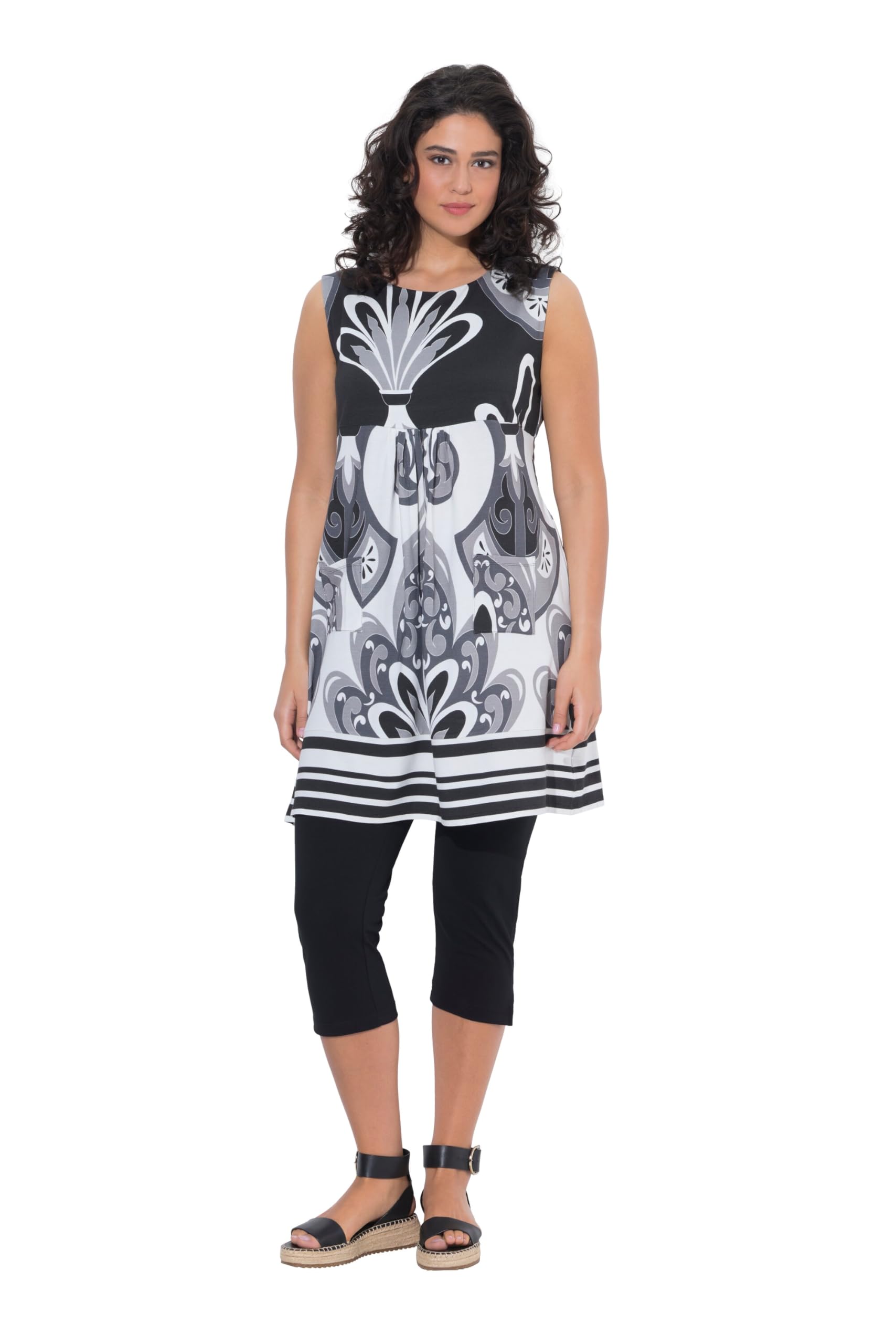 Ulla Popken Damen große Größen Übergrößen Plus Size Jerseykleid, Bordüre, A-Linie, Rundhals, ärmellos 849887