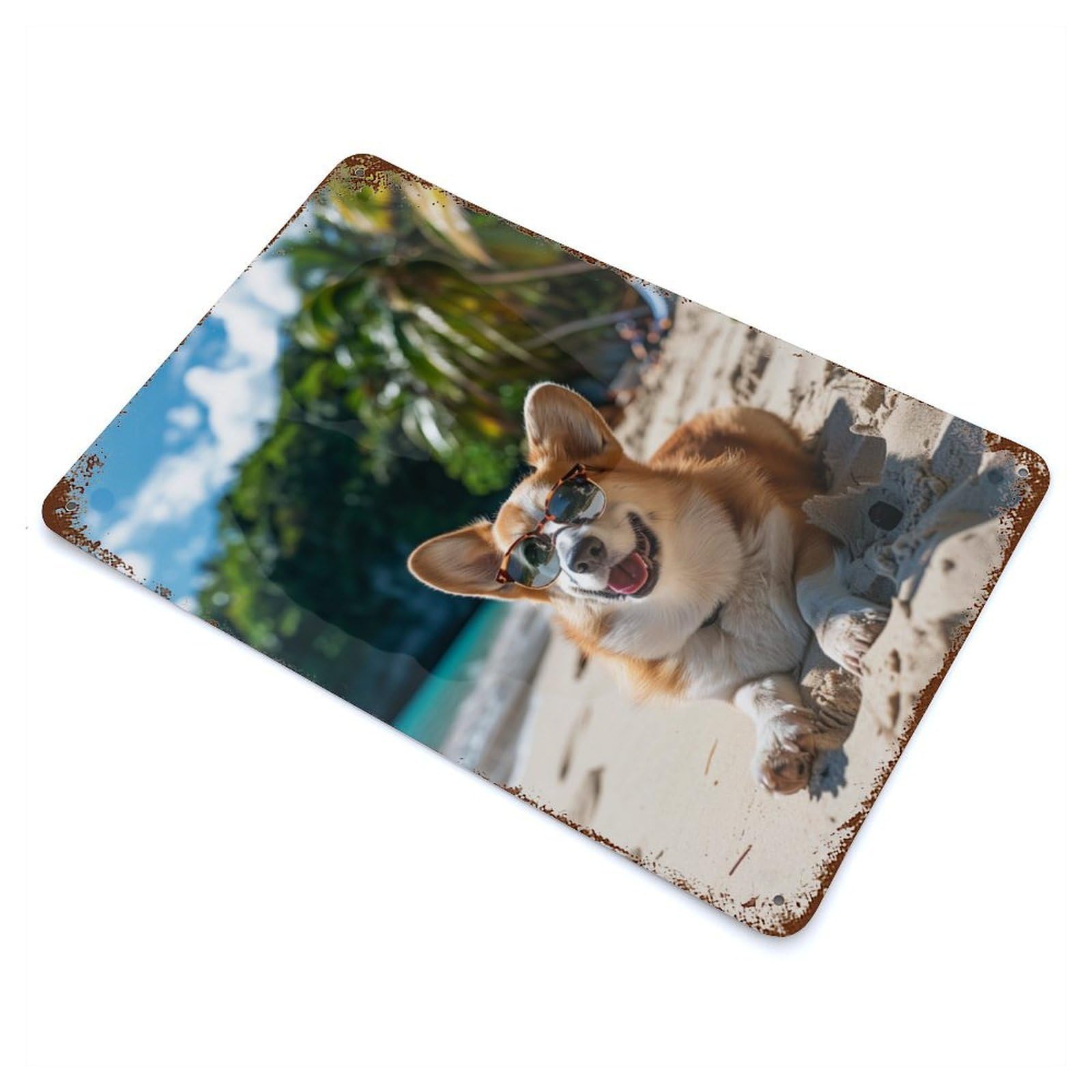Rust Effect Happy Welsh Corgi Beach Rusty Metal Tin Sign 11.8"x7.9", Old School Wall Decor for Basement, Hobby Room And Garage Decor