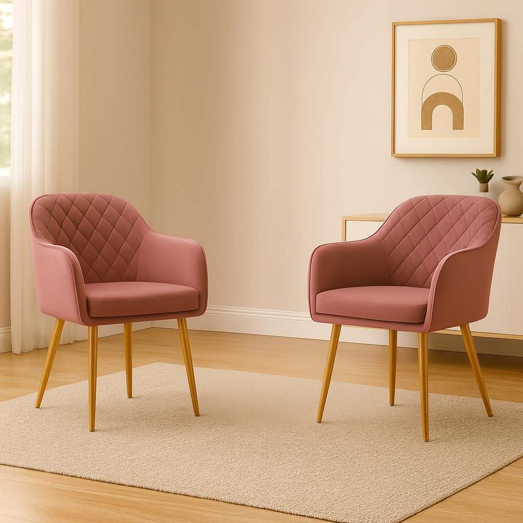 Barfi Velvet Dining Chair | Set of 2 Premium Modern Upholstered Accent Chair with Armrest, Padded Seat and Metal Legs | Comfy Chair for Home, Office & Restaurents | (Onion Pink)-image-36