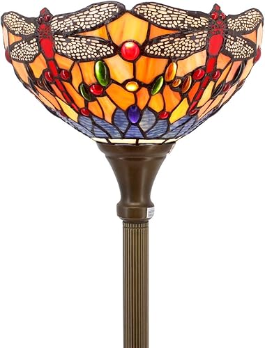 WERFACTORY Tiffany - Lámpara de pie de color naranja y azul, libélula de 12 x 12 x 66 pulgadas, antorcha de esquina de pie, decoración de