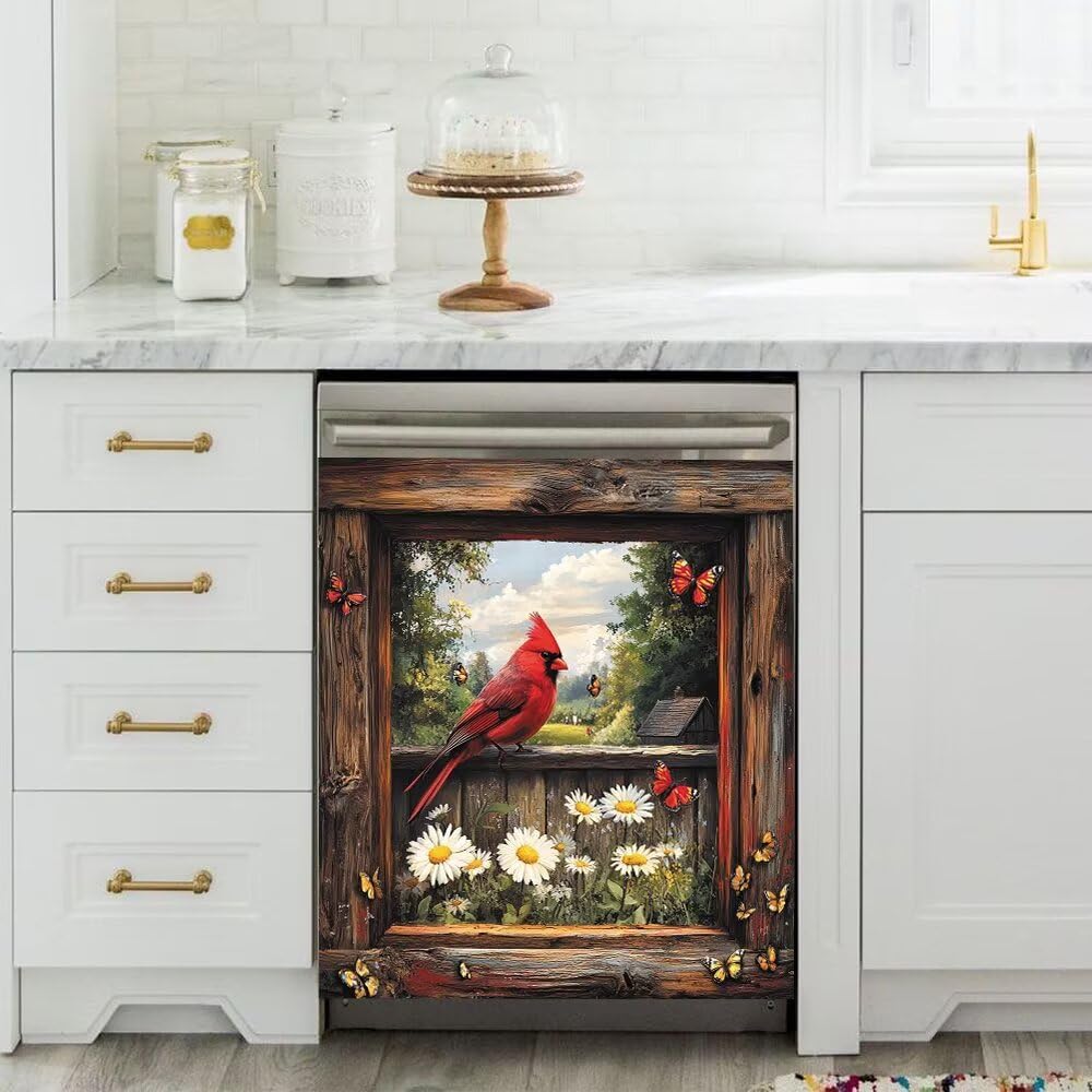 Pastoral Style Dishwasher Magnet Cover, Cardinal Butterflies Daisies Magnetic Dishwasher Door Decal Kitchen Decorative Sticker Refrigerator Magnets Decor Appliance Panel 23" x 26" Magnetic