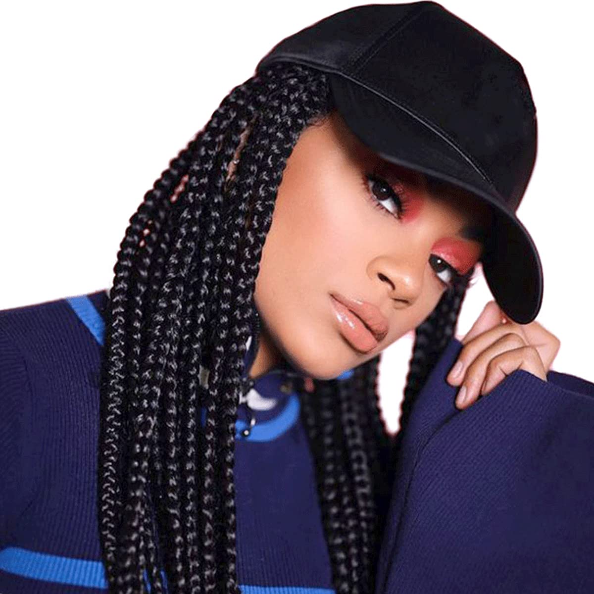 VAVANGA Black Baseball Cap With 3X Box Braids Hat Wig for Women, 28 Inch Long Braiding Hair Extension Synthetic Crochet Braids with Baseball Cap Hair