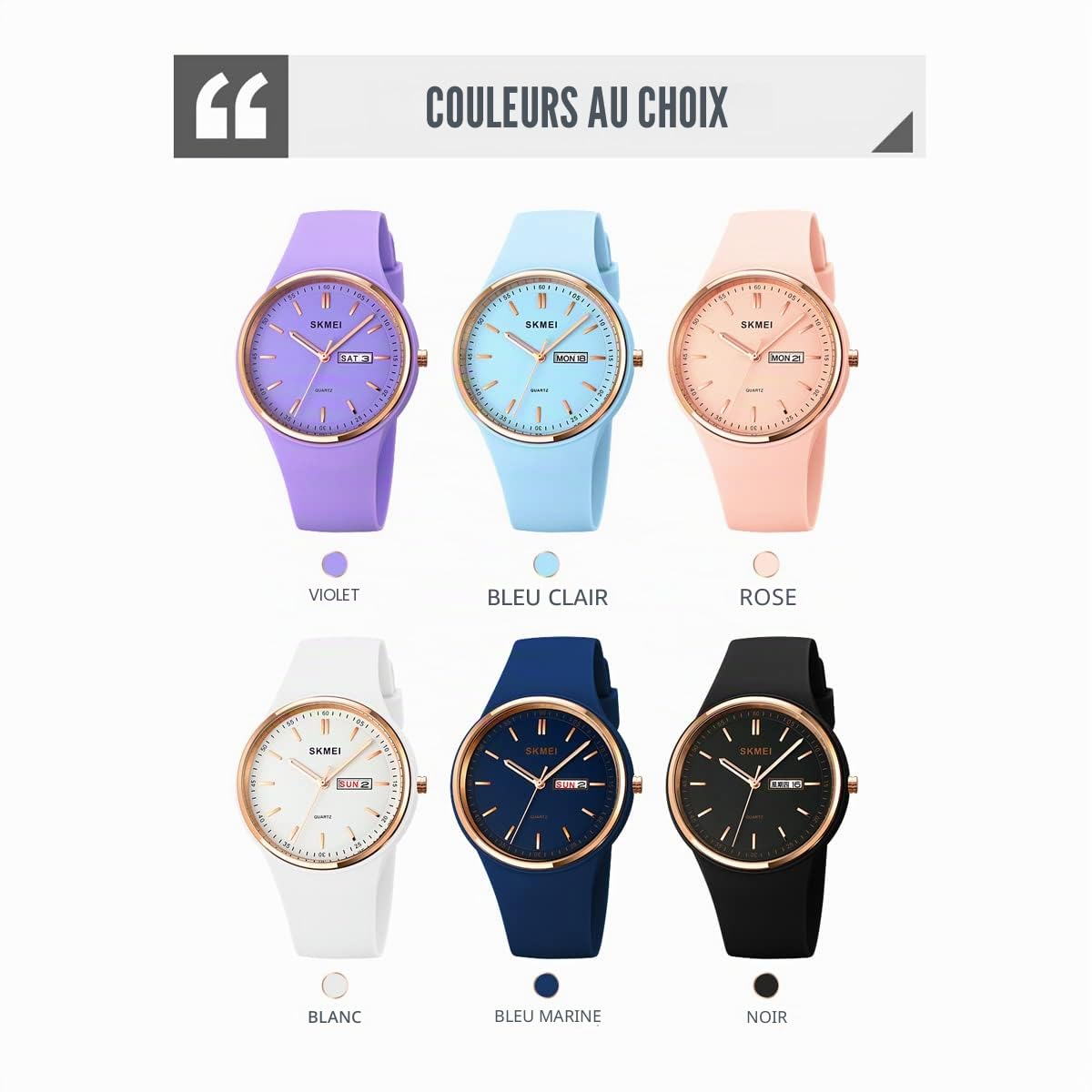 SKMEI Montre de sport pour jeune femme avec bracelet en silicone - Grand cadran - Étanche - Style décontracté - Simple - Quartz analogique - Jour - Date - Cadeau pour filles - Blanc