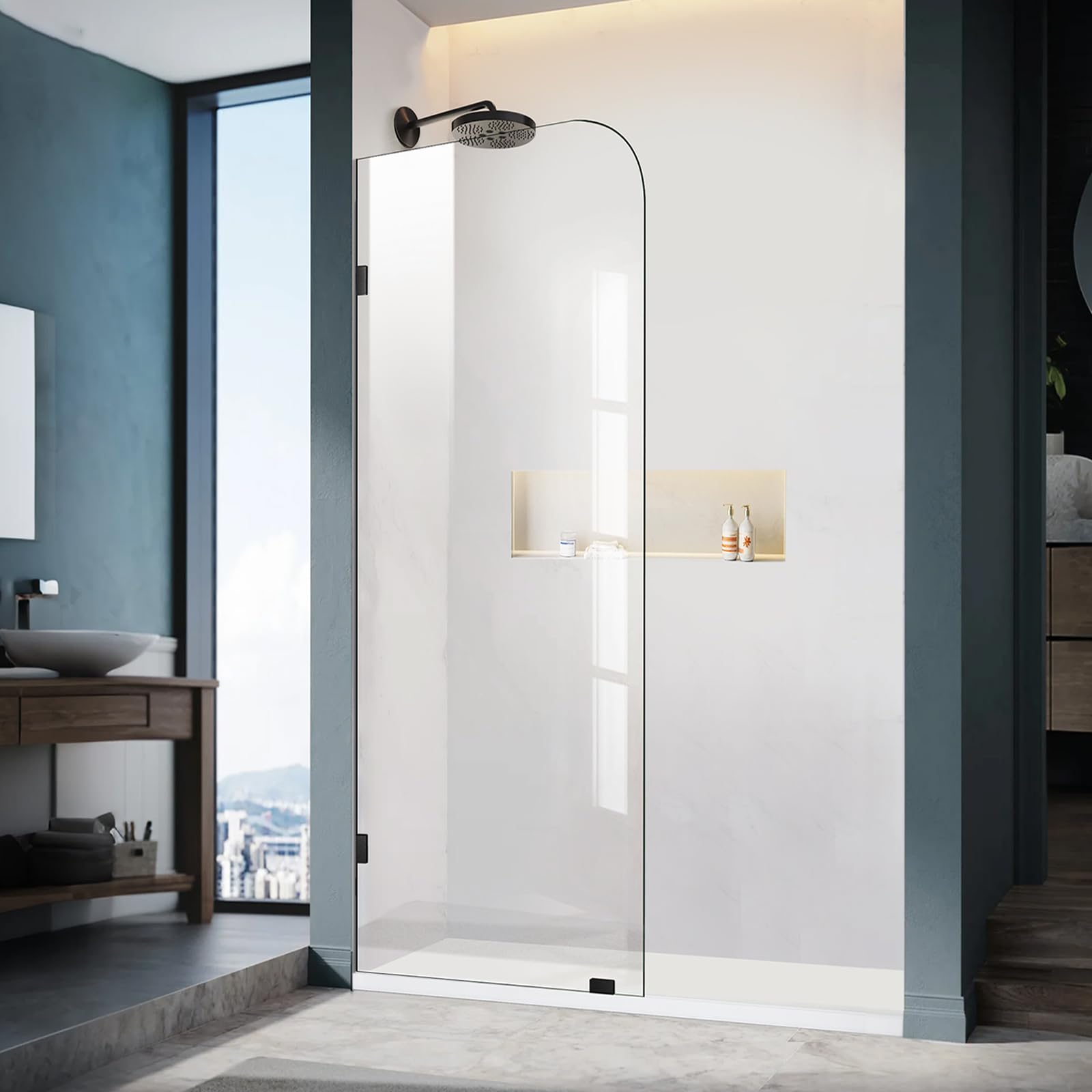 Bathroom Shower Door, 24" W ×78" H Fixed Shower Glass Panel with Clamps, 3/8" (10mm) Glass Shower Doors, Clear Tempered Frameless Shower Panel in Matte Black