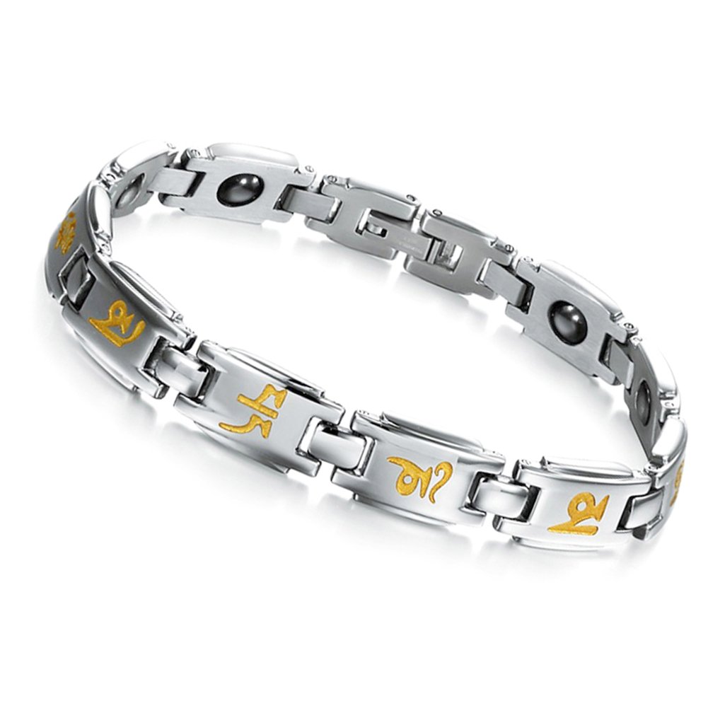 Flongo Bracelet Acier Inoxydable Menotte Mantra Sanscrit Bouddhiste Pierre Magnetique Aimante Couple Amour Classique Charme Fantaisie Bijoux Cadeau Couleur Argent Or pour Femme