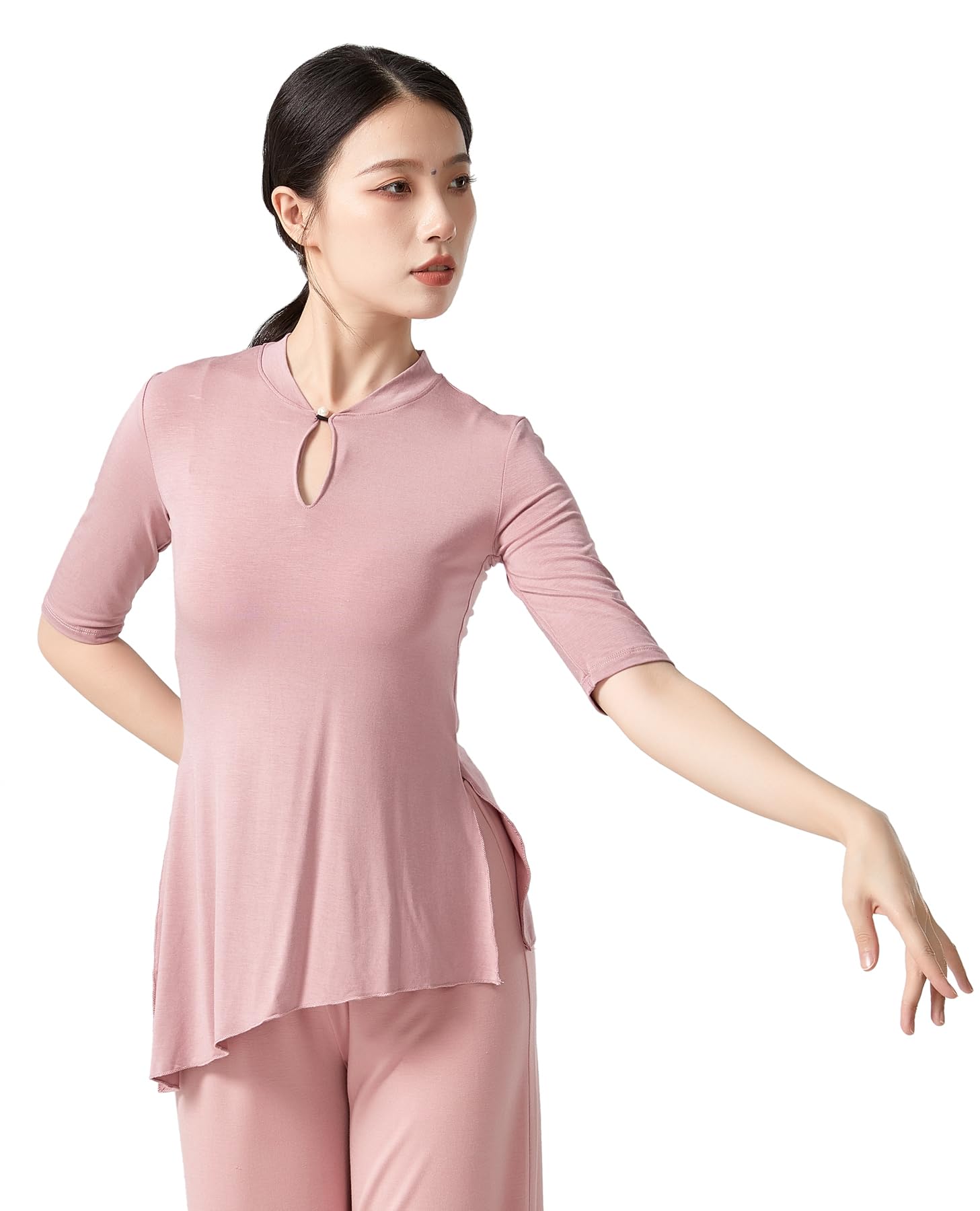 Angcoco Women's Elegant Traditional Crewneck Half Sleeve Tops for Dance Pink