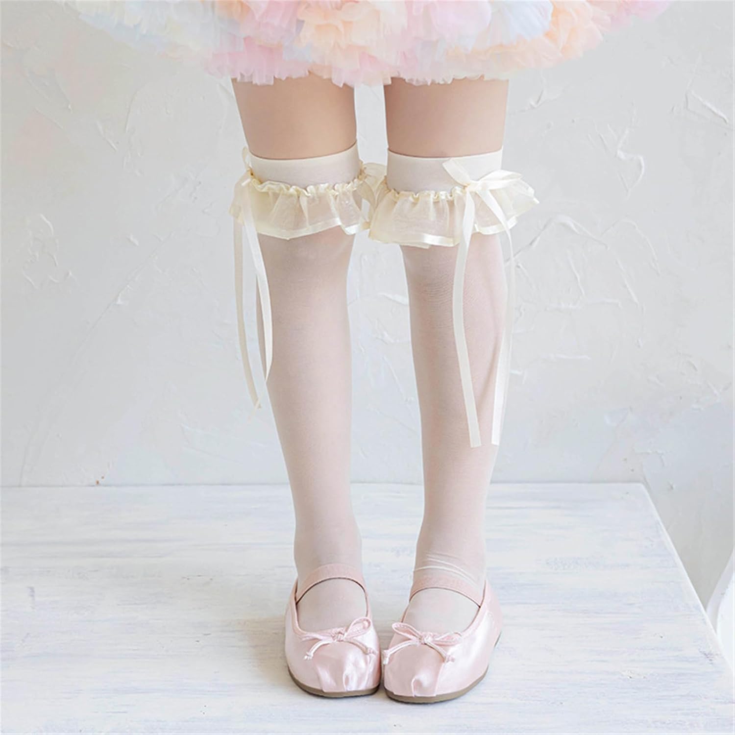 Kneehigh Socks Antislip Midcalf Spring Thin Elastic Dress Lace Trim Bowknot Soft Comfortable Fabric