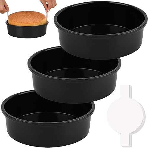 HUAKENER Molde para pasteles de 8 pulgadas, juego de 3 moldes redondos para pasteles con 100 piezas de papel pergamino, moldes antiadherentes para