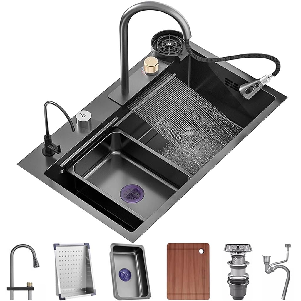 ZQFHSX Single Bowl Waterfall Sink Stainless Steel Kitchen Nano Coated Workstation With Pull-Out Faucet And Cup Washer Full Set Of Accessories (Size : 75x45x22cm)