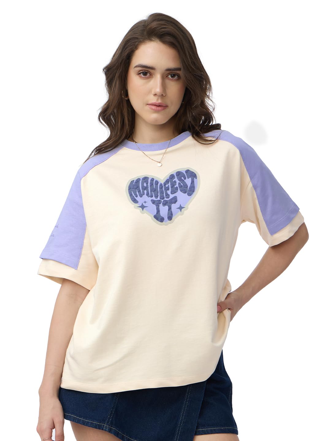 the souled store Oversized T-Shirt: Manifest It Women and Girls Short Sleeves Round Neck Off White and Blue Graphic Printed Cotton Oversized T-Shirts-picture-25