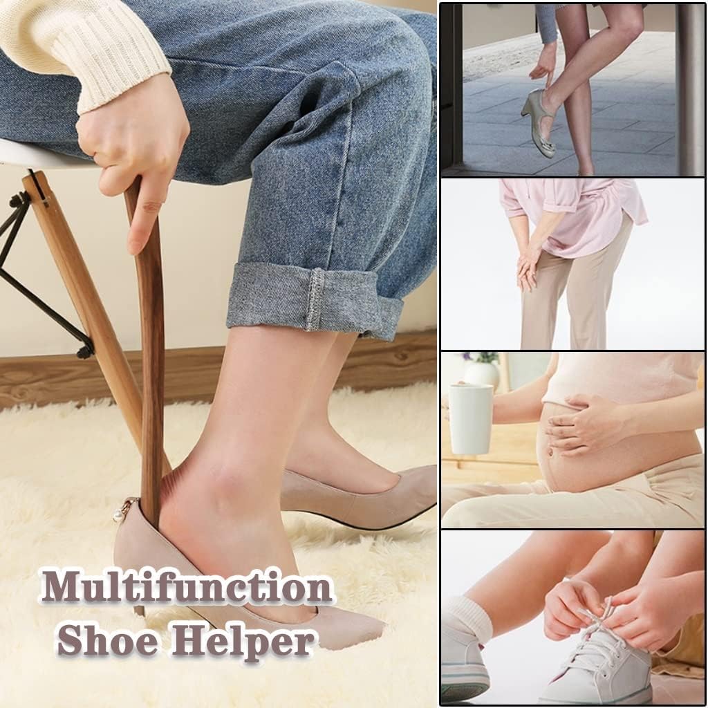 Łapka do butów, Łyżka do butów dla kobiet Buty Drewniany pomocnik krótkich podróżnych, wygodna łyżka ze smyczą, ergonomiczny podnośnik domowych, 2 kolory | Brown Color