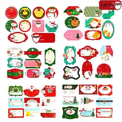 Pegatinas de etiquetas de Navidad, 100 piezas pegatinas de etiquetas de regalo autoadhesivas de Navidad, etiquetas adhesivas de nombre de Navidad para bolsas de regalo, tarjetas, sobres (12 hojas) Cover