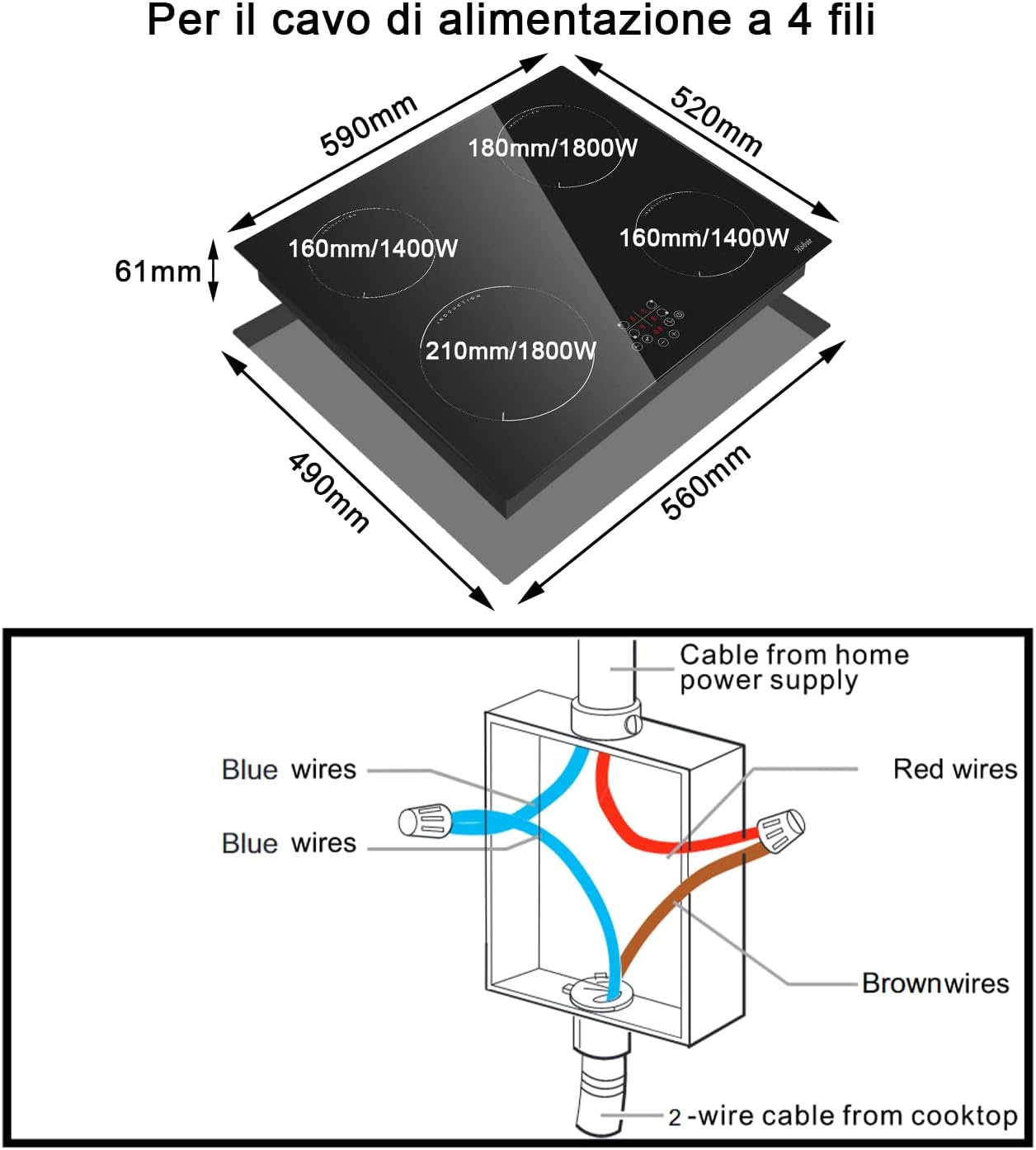 Piano cottura a induzione, 4 fuochi, L59 x P52 cm, 9 livelli di potenza, 6400 W, a incasso, nessuna spina inclusa, controllo touch, funzione pausa, timer, Hobsir Piano cottura a induzione, 4 fuochi, L59 x P52 cm, 9 livelli di potenza, 6400 W, a incasso, nessuna spina inclusa, controllo touch, funzione pausa, timer, Hobsir