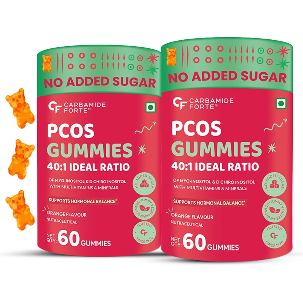 Carbamide Forte PCOS Supplements for Women with 40:1 Ratio of Myo & D Chiro Inositol Fortified with PCOS Vitamins & Minerals - Orange Flavour - 60 Veg Gummies (Pack of 2)-image-20
