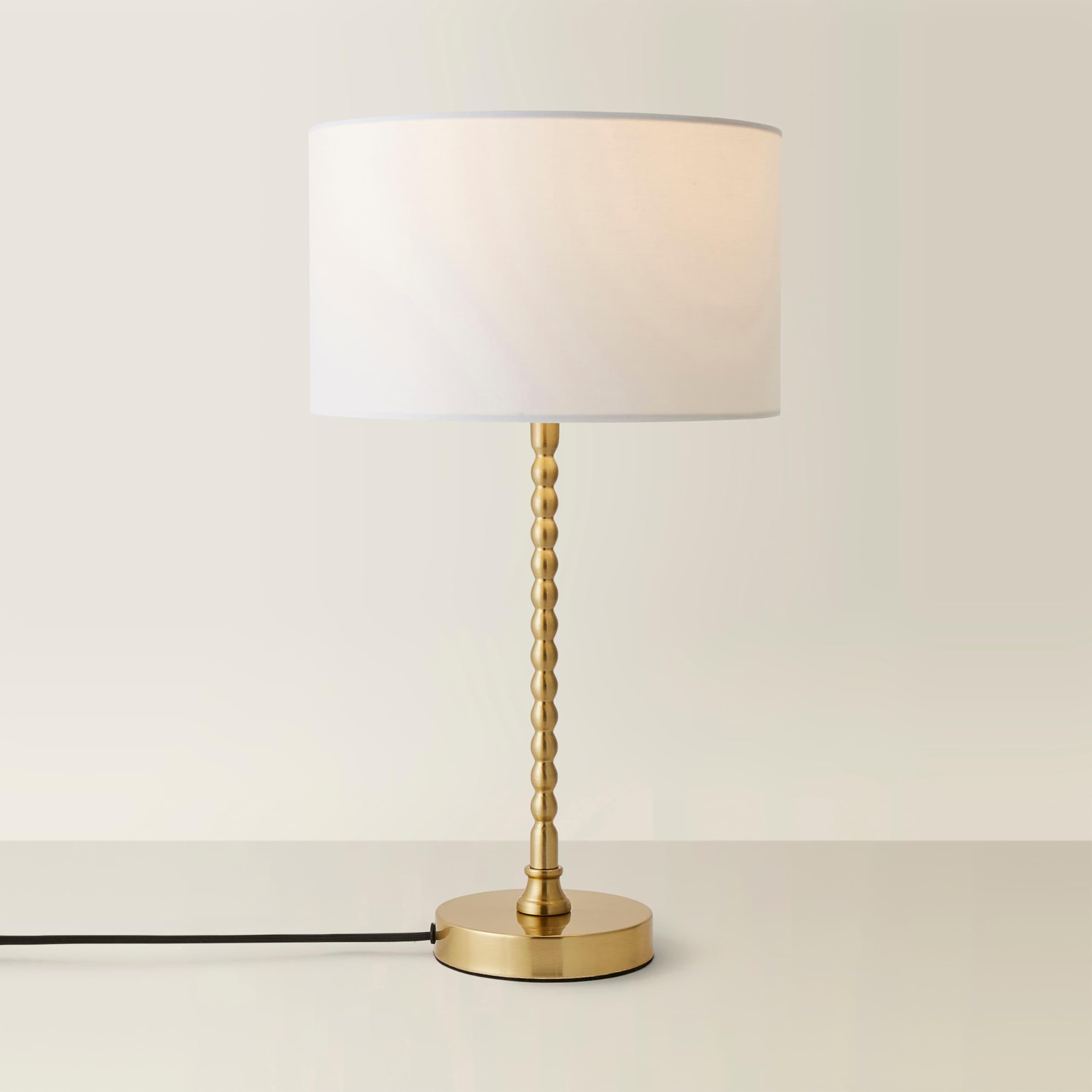 Valuelights White Maeve Fabric Drum Lamp Shade Brushed Gold Bobbin Bobble Table Lamp In