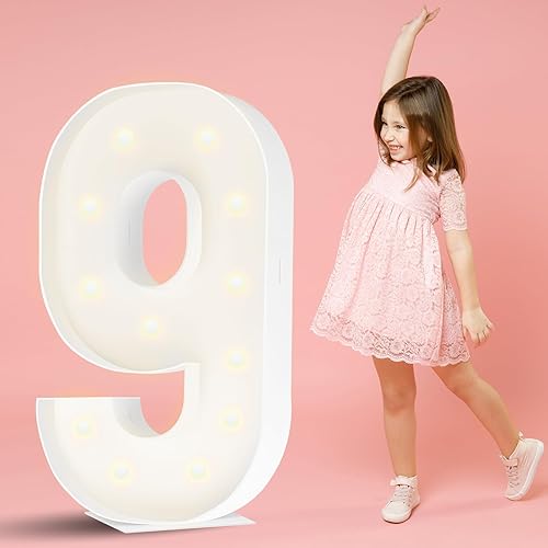 RUBFAC Números iluminados de marquesina de 3 pies, marco de globo de mosaico número 9, tablero de espuma precortado para decoraciones de cumpleaños,