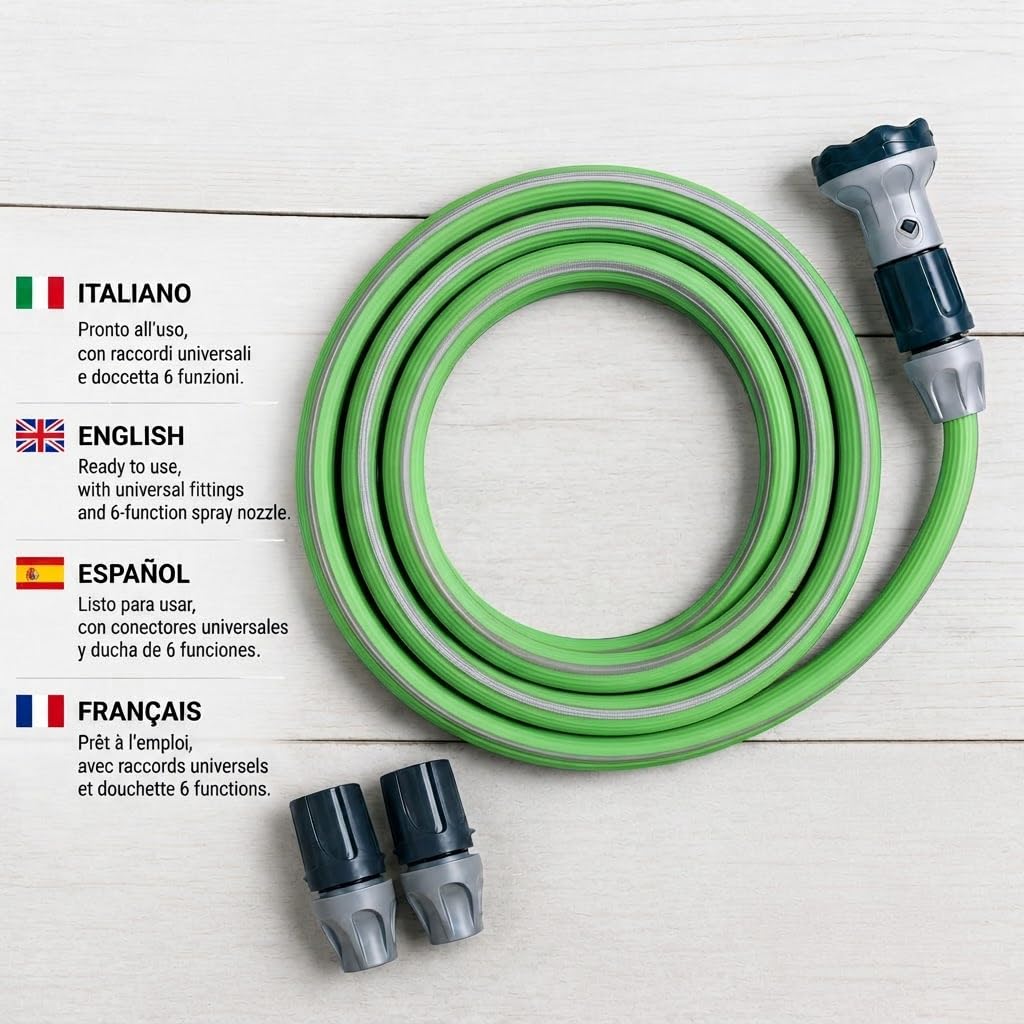 Idroeasy, manguera de jardín extensible de 30 metros, 5/8" de diámetro, manguera de riego extensible de 3 vías, resistente a nudos y torsiones, no tóxica, ligera, ahorra espacio, Made In Italy