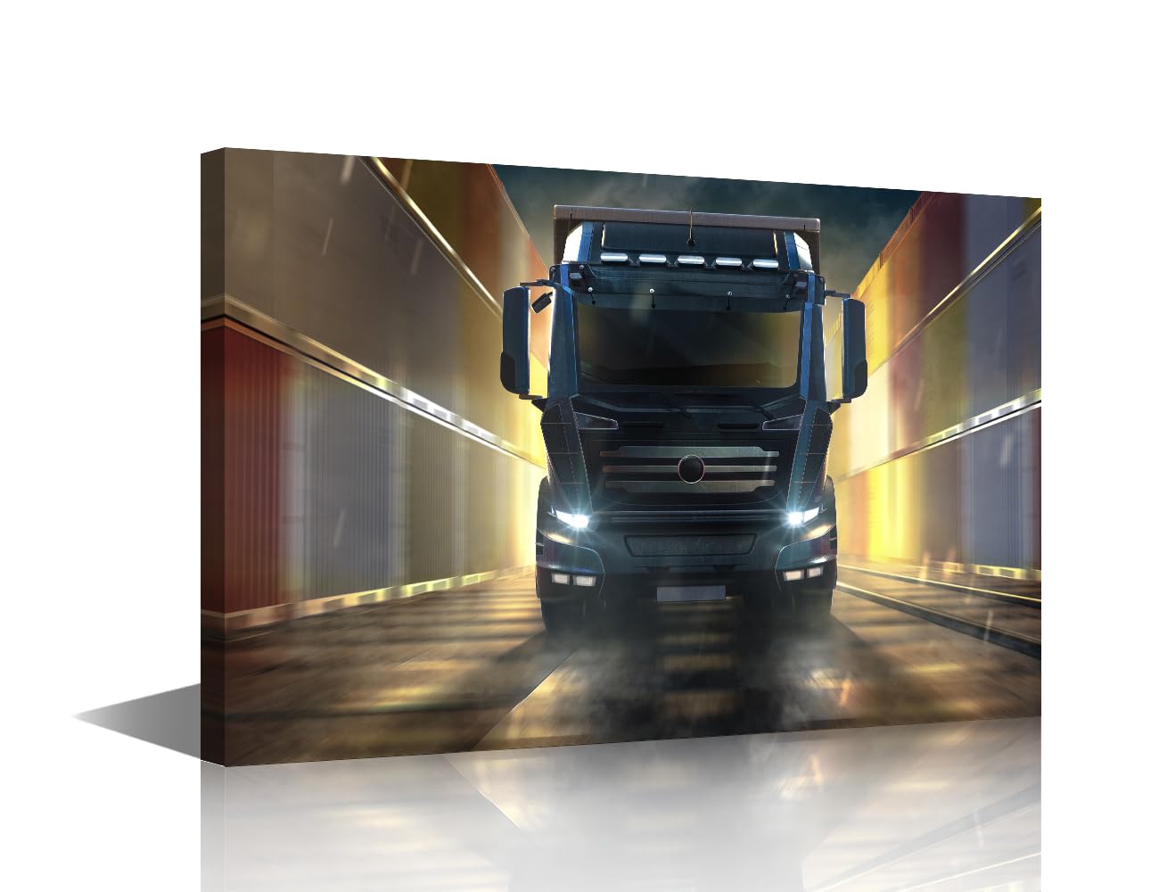 Large Canvas Wall Art 1 Piece Truck Drives Between Containers Pictures Print on Canvas for Living Room Wall Decoration, Transport Artwork Stretched Framed Ready to Hang, 36" Wx24 H