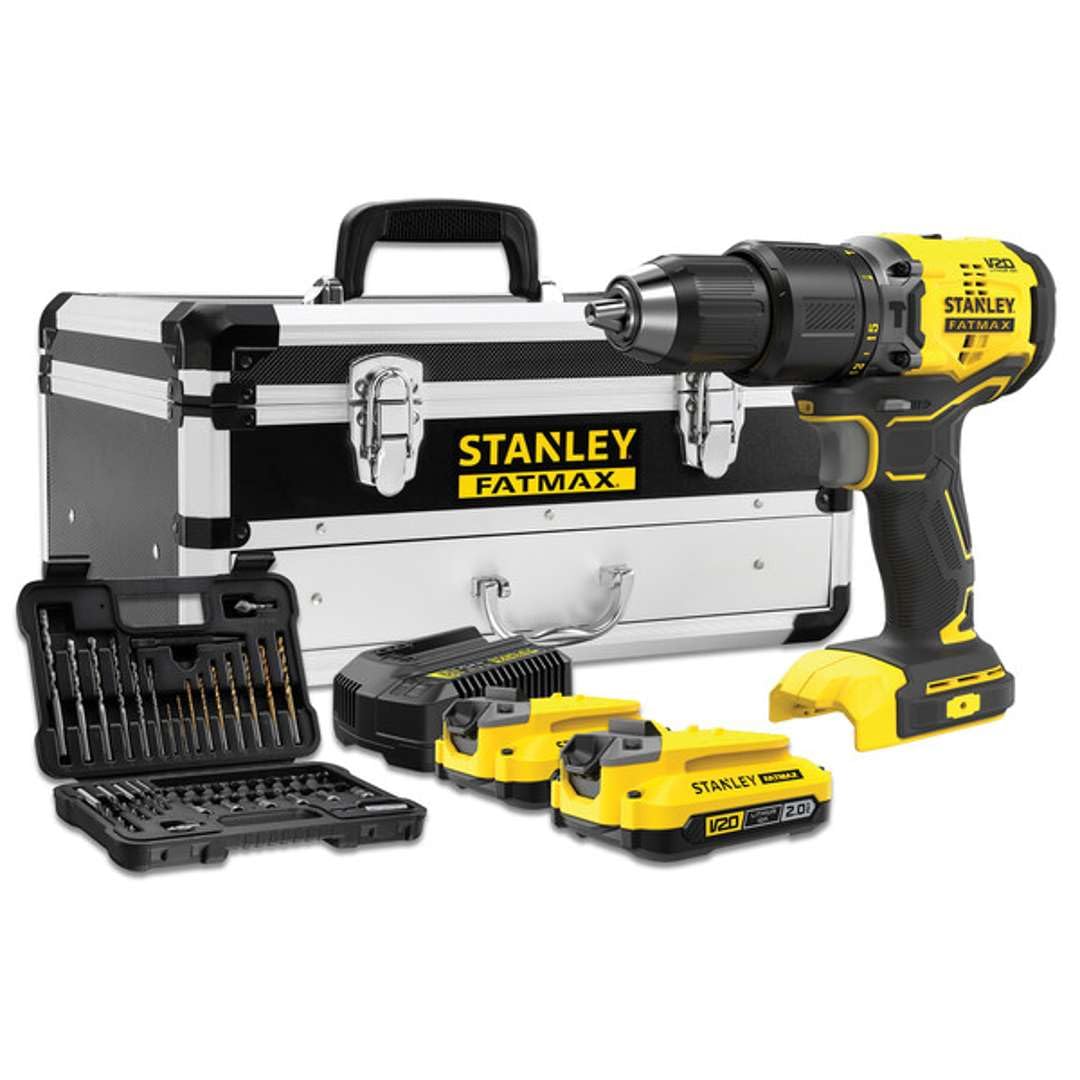 KIT: Taladro Percutor BRUSHLESS V20 Li-Ion 18V SFMCD715 + Set de 50 piezas con 2 baterías Li-Ion 2Ah, cargador 2A y Caja de Herramientas metálica con cajón