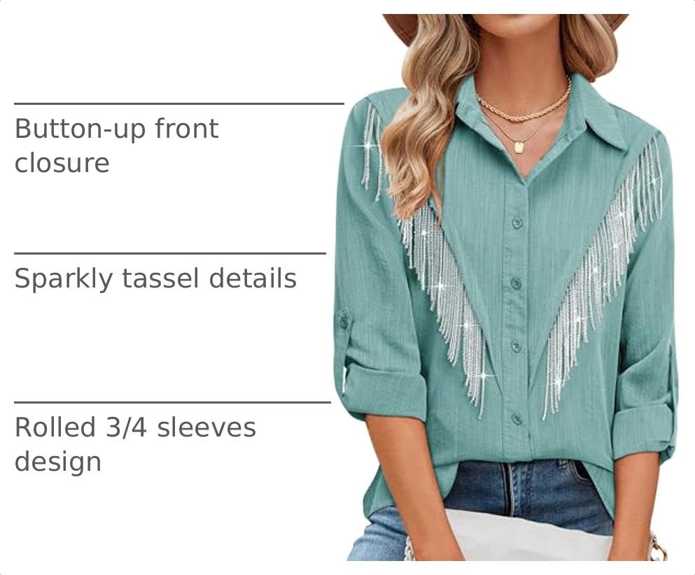 Image of MYMORE Womens Sparkly Fringe Shirt Western Cowgirl Country Concert Outfit