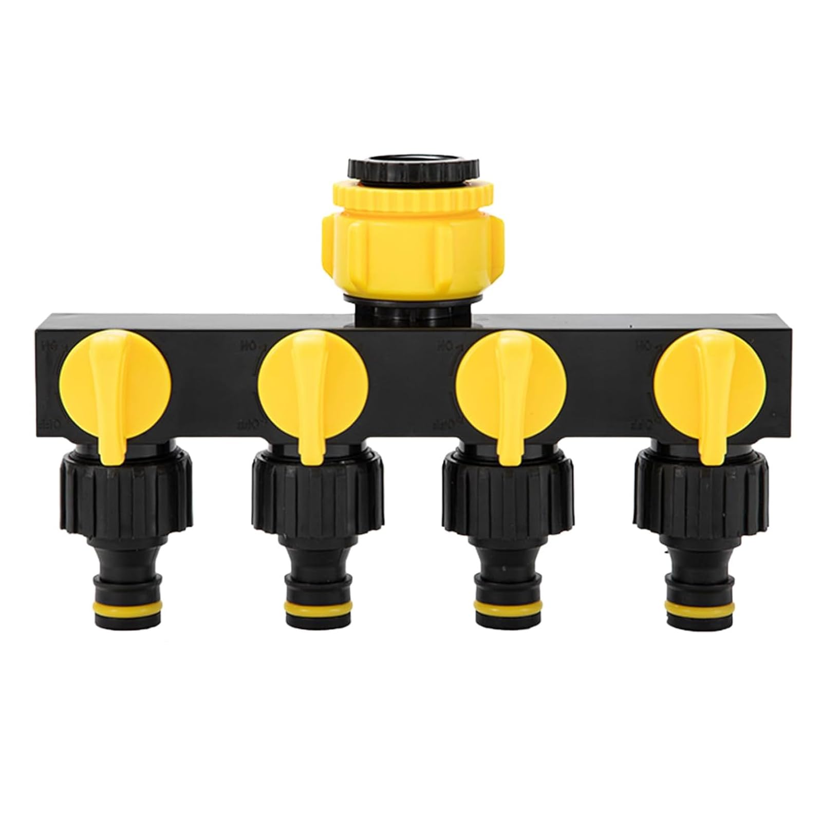 Oiieco Garden Hose Splitter 4 Way, Leak-Proof Outdoor Tap Connector with Individual On/Off Valves, 3/4" & 1/2" Hose Connector for Garden Watering, Irrigation, Car Washing – Yellow