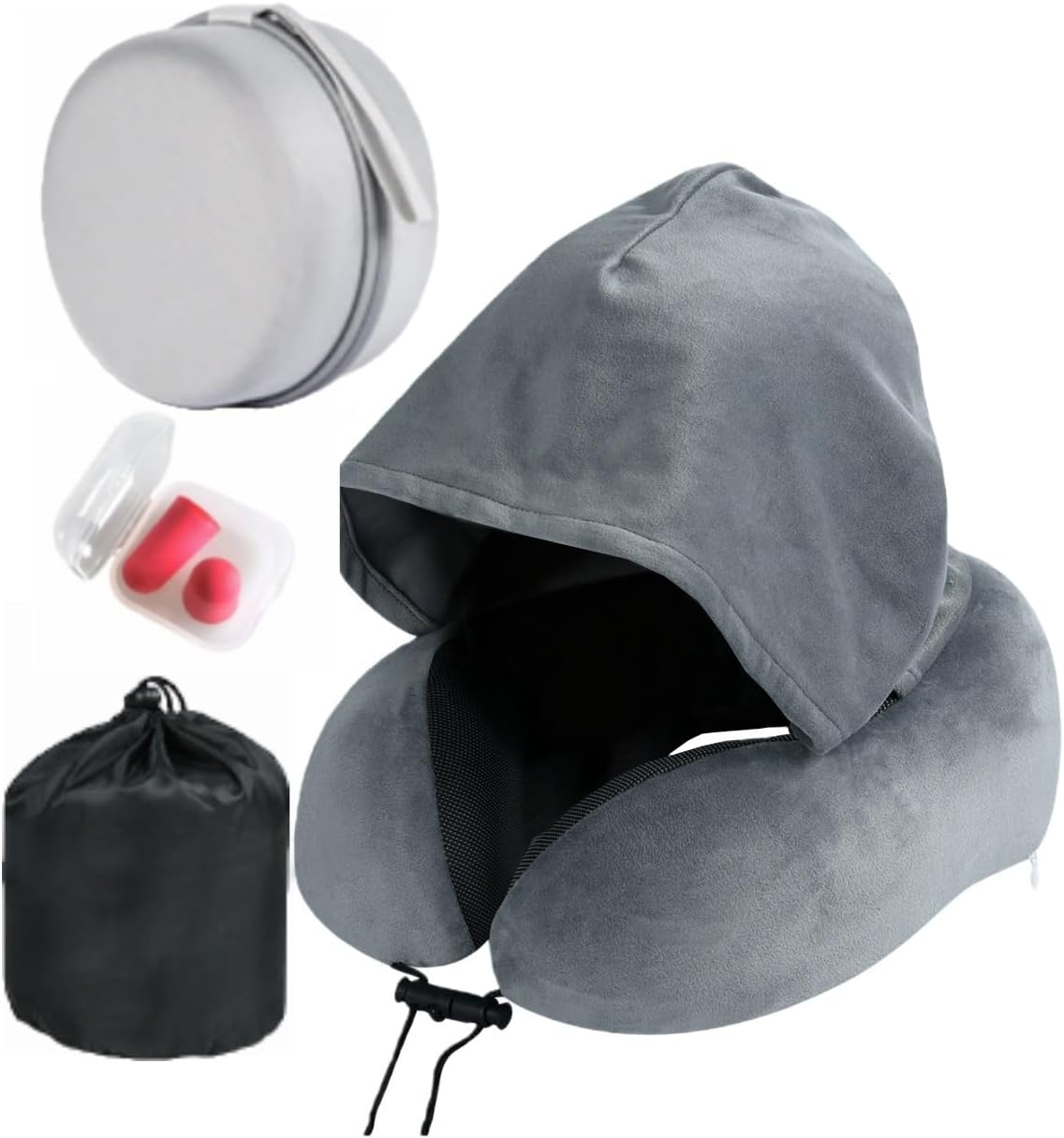 ILYISFMTY Travel Neck Pillow with Extra Large Hood Rollable Airplane Hooded Neck Pillow with Memory Foam Filling and Removable, Skin-Friendly Cover with Carrying Case & Pouch (Velvet)