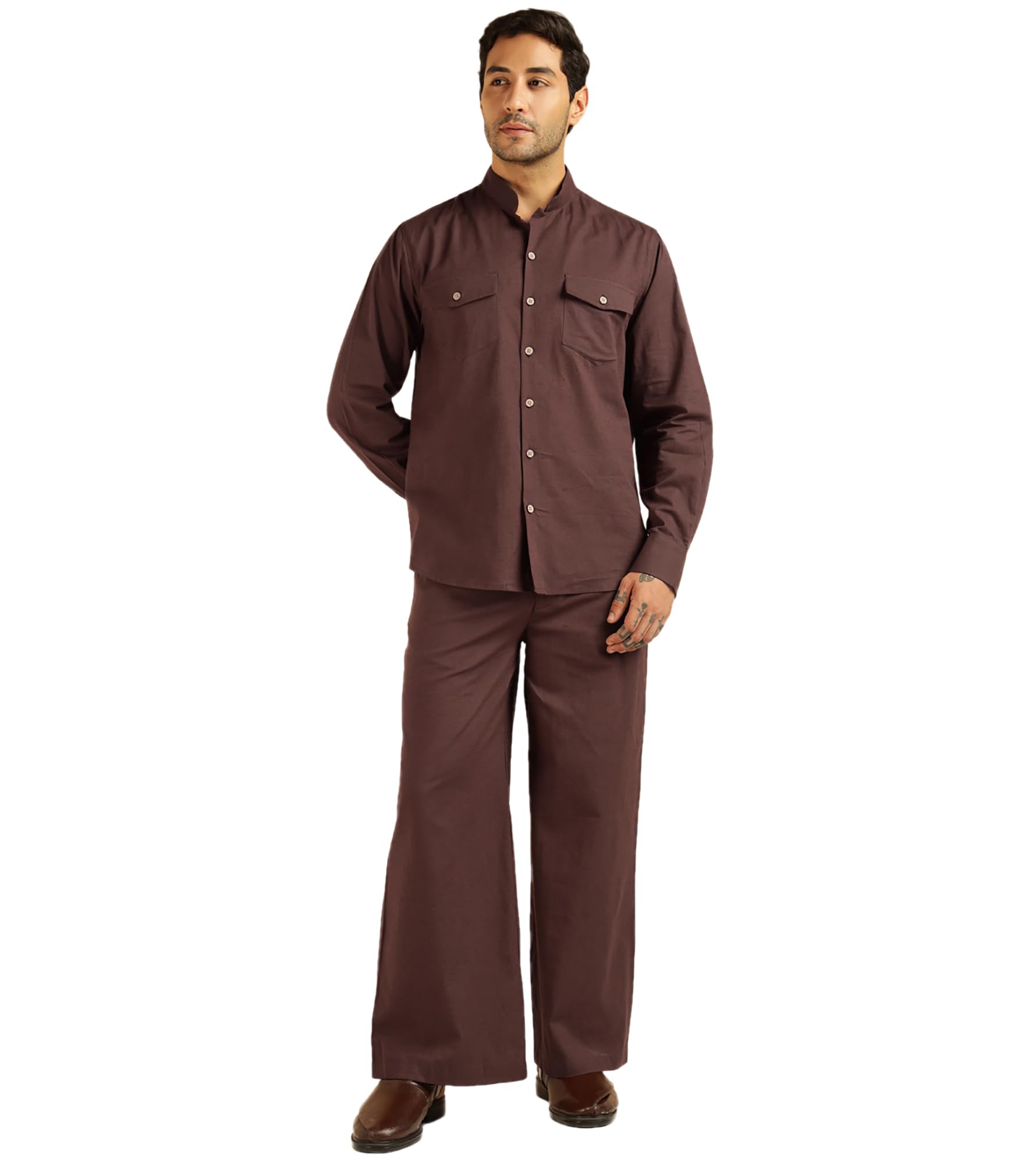 Men's Striped with Solid Pure Cotton Co-Ord Set For Men|2 Piece Sets|Trouser & Shirts Combo|Vacation Dress|Casual|Latest|New (Brown)-image-49