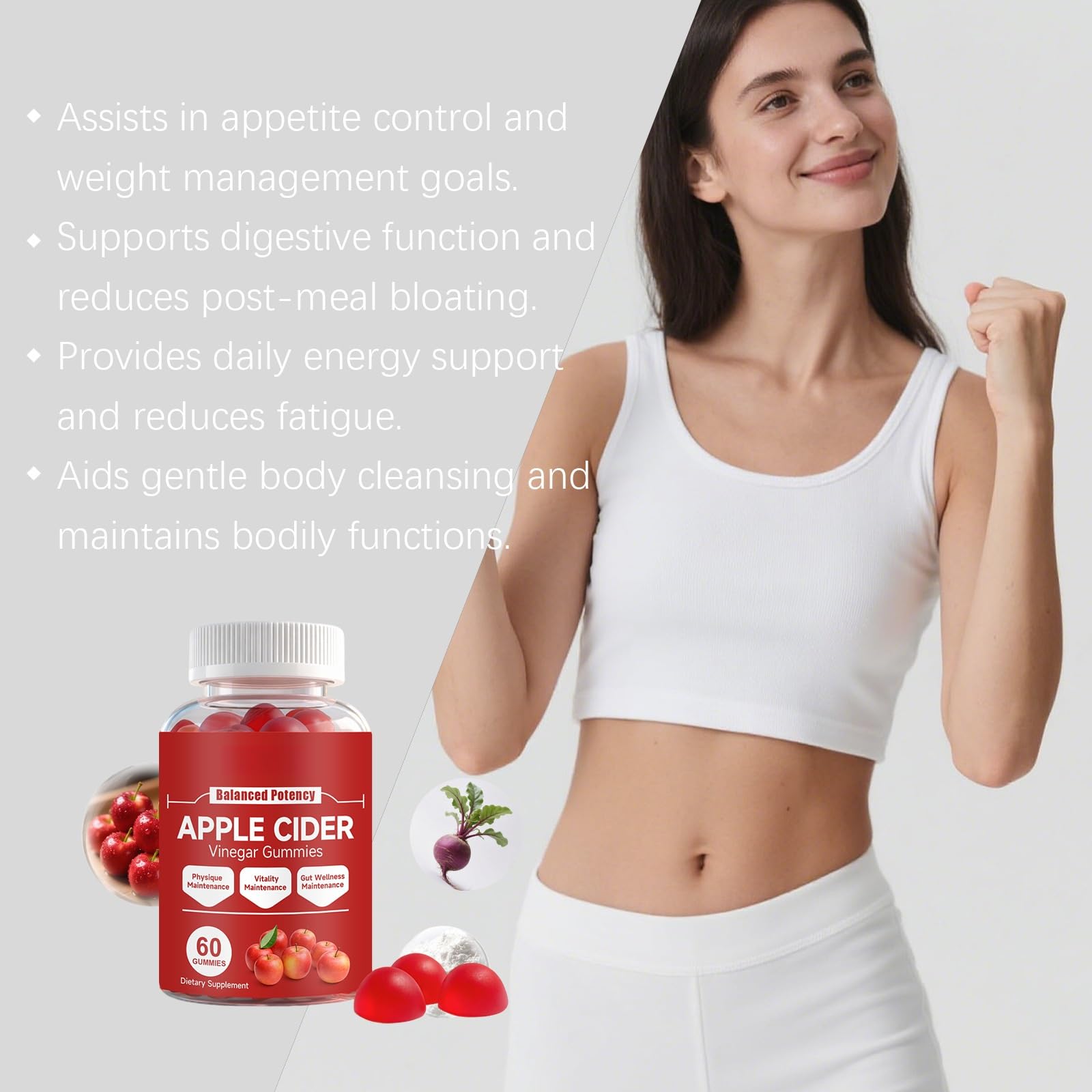 Gomitas De Vinagre Sidra Manzana For Control Del Apetito, Aumento Metabolismo, Alivio La Hinchazón Y Energía - Apoyo Digestivo Masticable, 60 Unidades(3PCS)